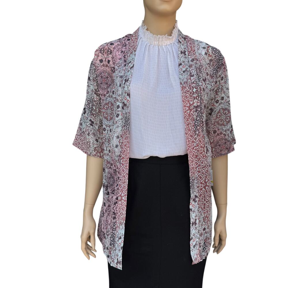 WallFlower NWT Pink Red Navy Floral Sheer Open Front Kimono Cardigan Size Medium